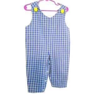 Jacob's Ladder Boy's Long Romper Blue Yellow White Plaid Cotton Size 12 Months